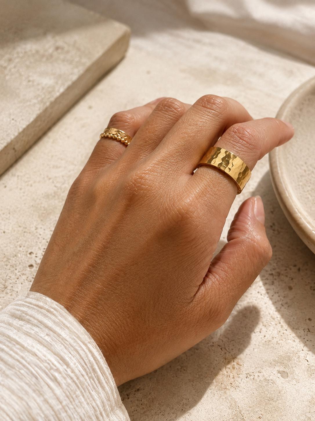 Stainless Steel Ring Wide Band Design Hammered Texture Pattern Statement Ring Women Fashion Jewelry Hypoallergenic Ring Everyday Wear Accessory Water Resistant Durable Construction Scratch Resistant Ring Minimalist Modern Style Bold Fashion