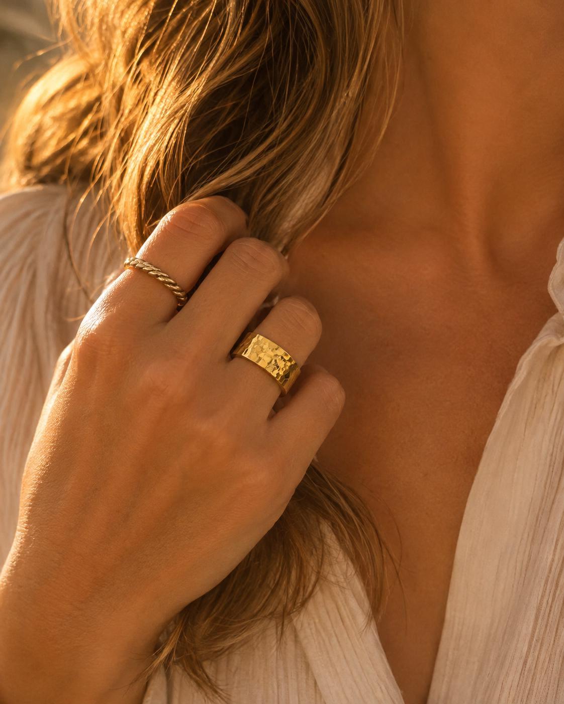 Minimalist Ring Design Wide Band Statement Women Fashion Ring Hammered Texture Finish Stainless Steel Jewelry Modern Everyday Wear Accessory Bold Ring Style Hypoallergenic Women Fashion Cigar Band Design Water Resistant Durable Ring Gift