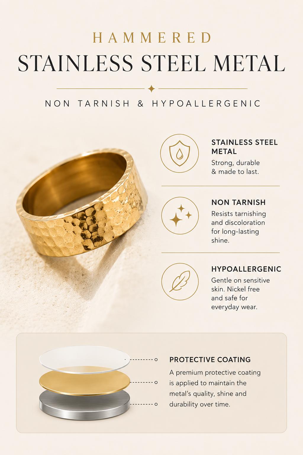 Hammered Band Ring Wide Stainless Steel Jewelry Cigar Band Statement Women Fashion Accessory Minimalist Everyday Wear Gift Hypoallergenic