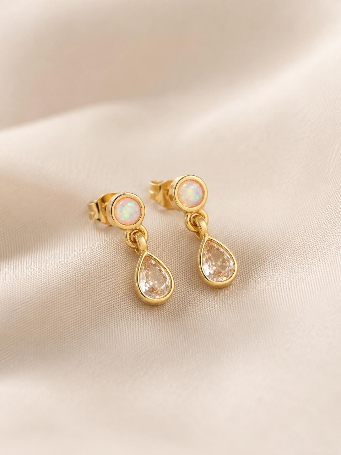 Opal Dangle Earrings Gold Teardrop Crystal Drop Design Perfect Wedding Day Jewelry Bridal Party Accessories Bridesmaid Gift Set Genuine Gemstone Studs Round Opal Stone Clear Crystal Drops Bezel Setting Post Backs Elegant Minimalist Style