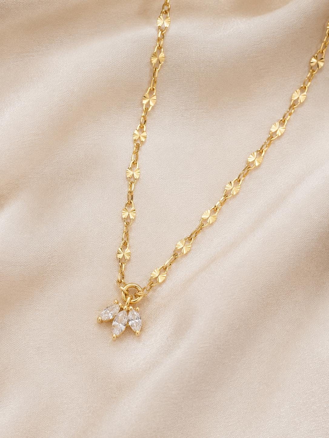 Gold Crystal Necklace Marquise Pendant Jewelry Bridal Party Gift Wedding Day Bride Accessory Three Stone Leaf Cluster Design Elegant Textured Chain Dainty Gold Filled Construction Perfect Bridesmaid Present Beautiful Layering Piece
