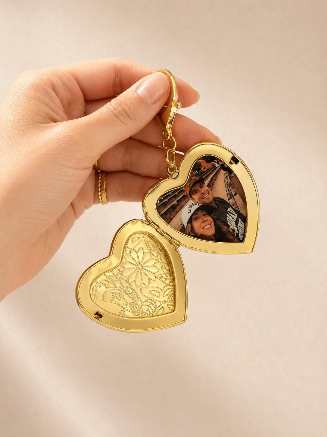 Gold Floral Heart Locket Bag Charm Accessory Personalized Photo Keeper Memory Holder Gift Girlfriend Birthday Present Purse Pendant Zipper Pull Handbag Clip Keychain Attachment Sentimental Jewelry Keepsake Romantic Gift Decorative Opening