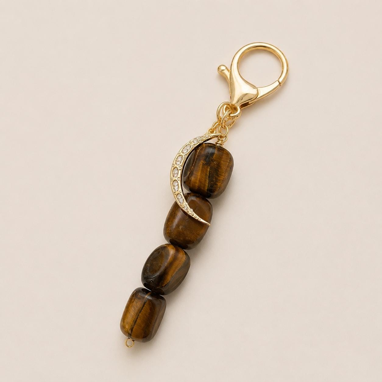 Crescent Moon Keychain Tiger Eye Gemstone Bag Charm Celestial Jewelry Accessory Natural Stone Beaded Dangle Spiritual Boho Gift Crystal Lover Present Purse Ornament Zipper Pull Backpack Charm Handbag Embellishment Tote Decoration Gold Tone