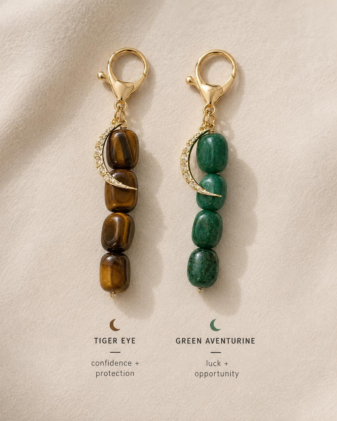 Boho Purse Charm Green Gemstone Beaded Accessory Crescent Moon Celestial Keychain Natural Crystal Dangle Spiritual Gift Bag Ornament Zipper Pull Attachment Backpack Decoration Handbag Embellishment Tote Styling Gold Tone Hardware Four Stone
