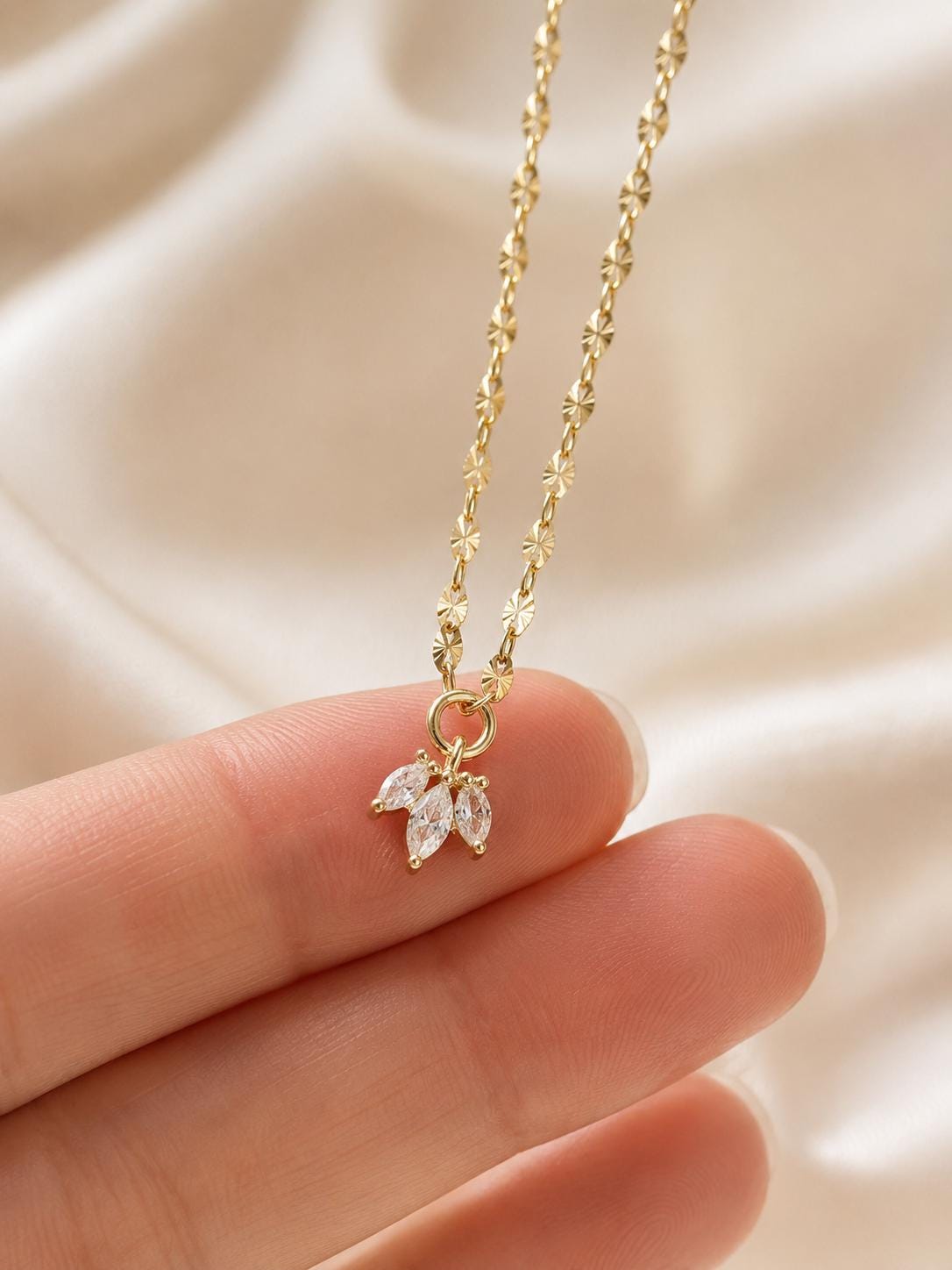Wedding Day Essential Gold Necklace Bridesmaid Gift Marquise Crystal Pendant Bridal Party Jewelry Matching Set Three Stone Leaf Design Elegant Chain Dainty Layering Accessory Gold Filled Construction Perfect Bride Gift Beautiful Wedding