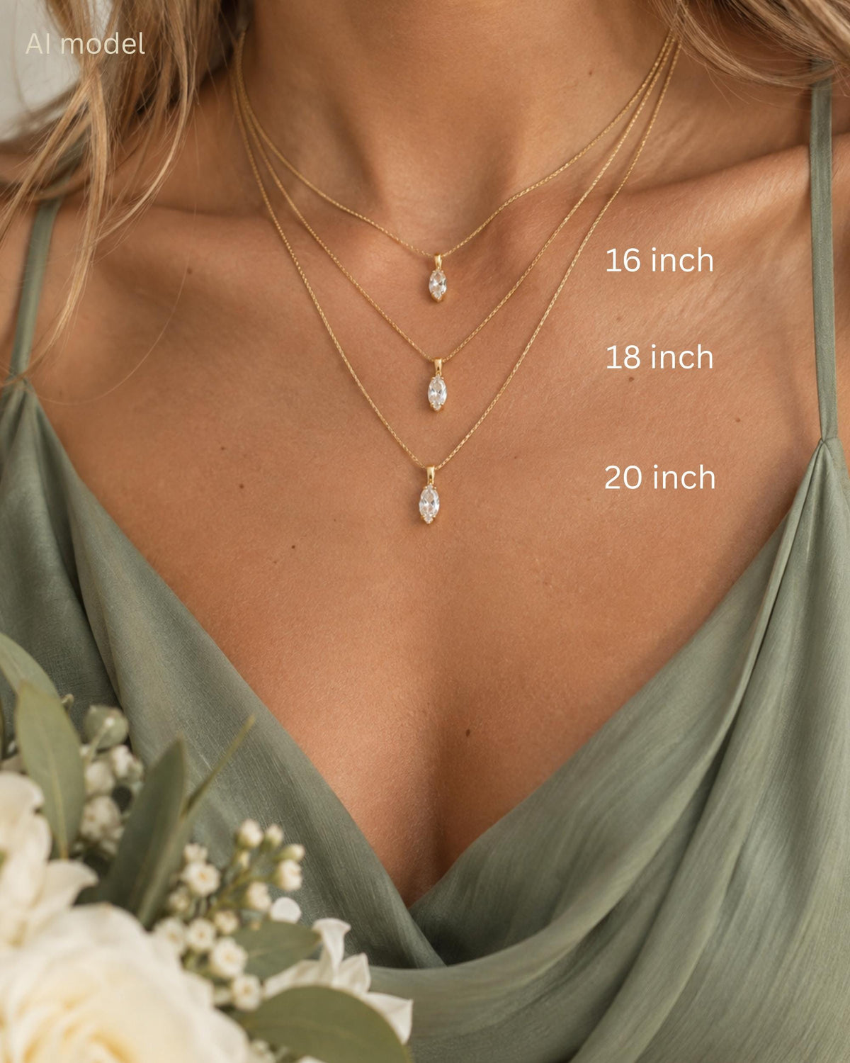 Bridesmaid Necklace Set Gold Jewelry Gift Wedding Party Matching Delicate Marquise Stone Minimalist Cubic Zirconia Pendant