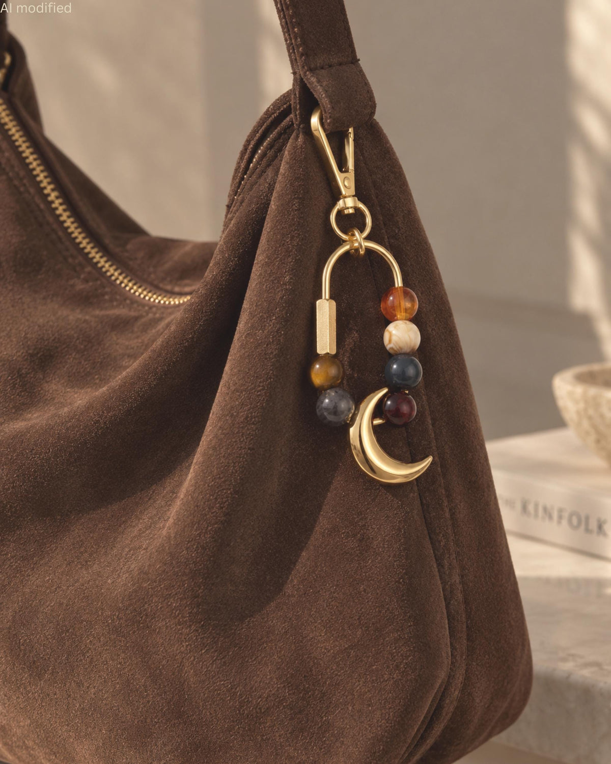 Crescent Moon Charm Bag Accessory Beaded Handbag Jewelry Celestial Purse Dangle Keychain Clip Swivel Attachment Gold Clasp Gemstone Tortoise