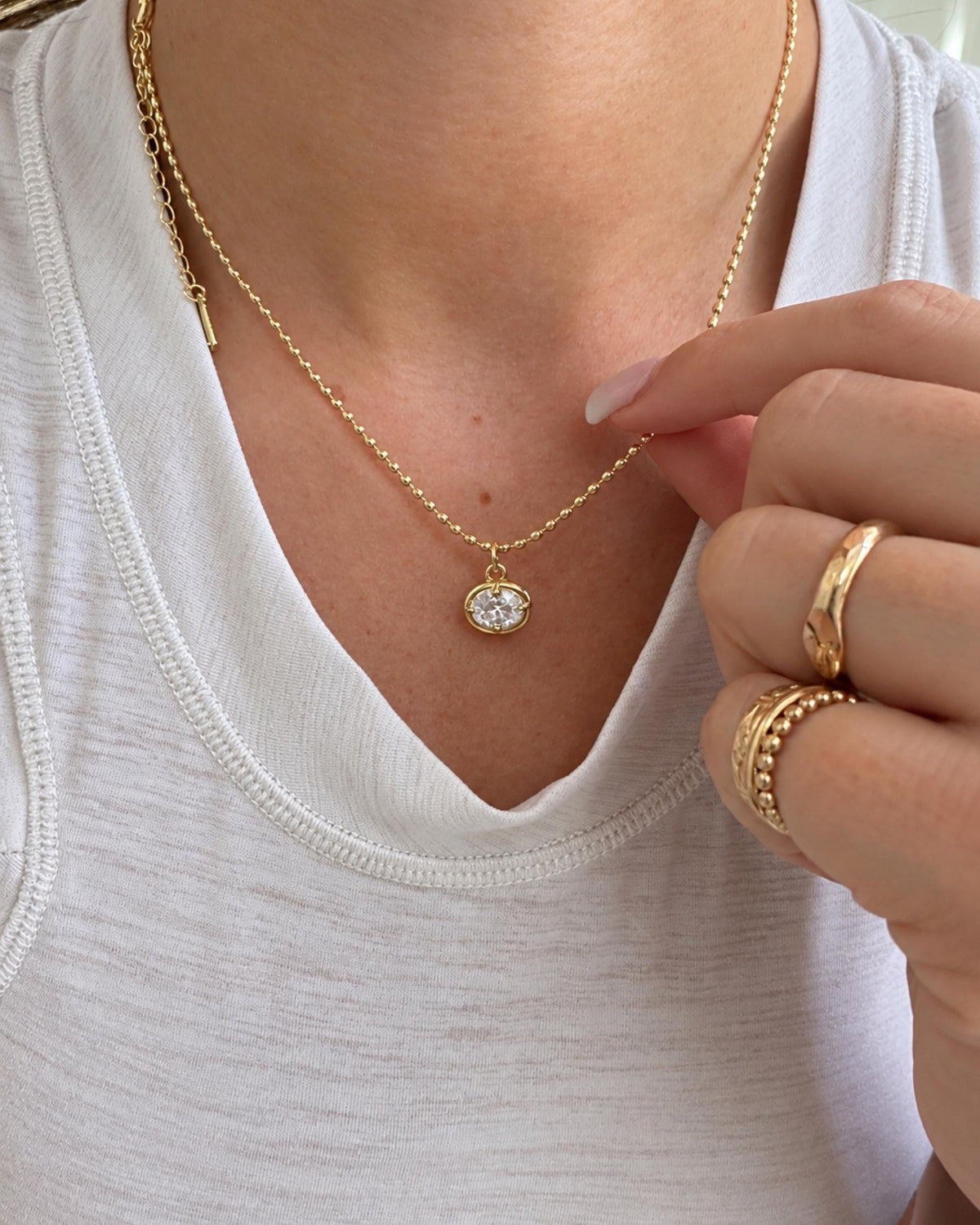 Ball Chain Necklace Gold Tone Finish Crystal Charm Pendant Jewelry Minimalist Design Layering Piece Women Everyday Wear Adjustable Length Stainless Steel Quality Bezel Set Diamond Charm Dainty Elegant Style Bridesmaid Gift Option Delicate