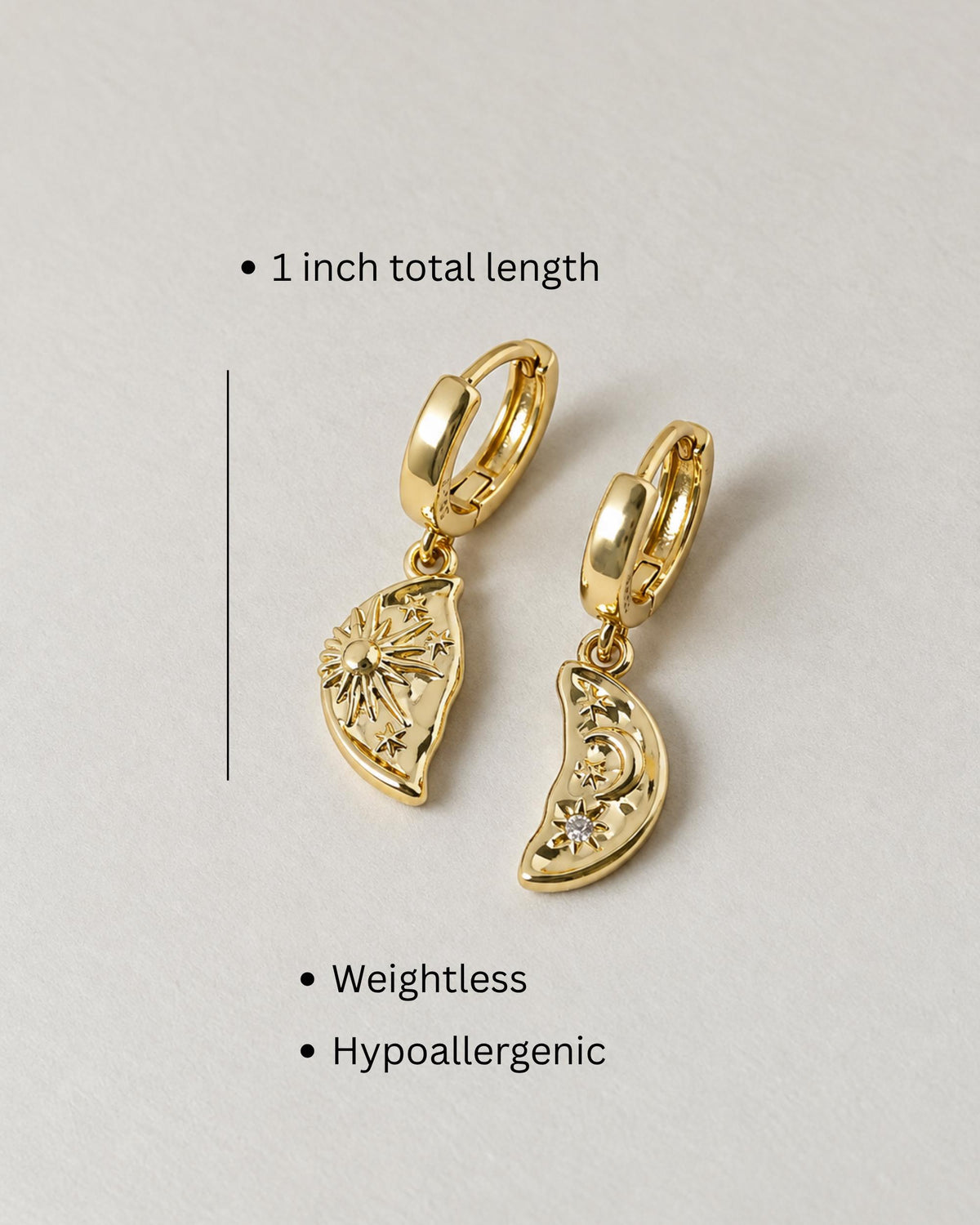 Crescent Moon Earring Gold Huggie Hoop Dangle Charm Pendant Sun Star Celestial Jewelry Gift Women Everyday Wear Lightweight Minimalist Boho