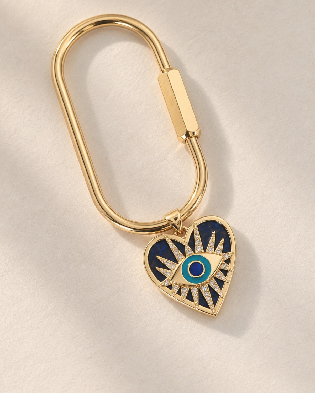 Blue Lapis Lazuli Gemstone Evil Eye Charm Heart Shaped Pendant Gold Filled Jewelry Bag Accessory Carabiner Clip Attachment Designer Look Fashion Handbag Decoration Trendy Style Protection Symbol Spiritual Gift Perfect Purse Charm Keychain