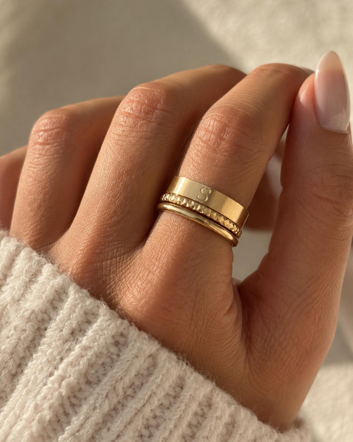 Gold Stackable Ring Set Personalized Initial Letter Band Custom Name Engraving Minimalist Dainty Jewelry Collection Bridesmaid Gift Set Everyday Wear Essential Simple Elegant Design Textured Accent Band Layering Accessory Modern Styling