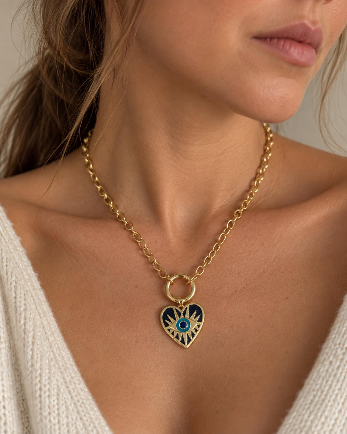 Evil Eye Heart Pendant Necklace Gold Filled Chain Blue Lapis Lazuli Gemstone Jewelry Spiritual Protection Charm Statement Piece Layering Necklace Women Lucky Symbol Amulet Accessory Gift Spiritual Talisman Birthday Present Fashion Jewelry