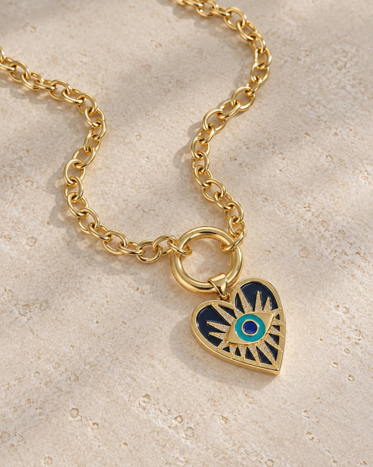 Heart Pendant Evil Eye Necklace Statement Jewelry Gold Filled Chain Lapis Lazuli Gemstone Protection Charm Gift Spiritual Talisman Women Lucky Symbol Amulet Fashion Accessory Layering Chain Necklace Birthday Present Daily Wear Essential