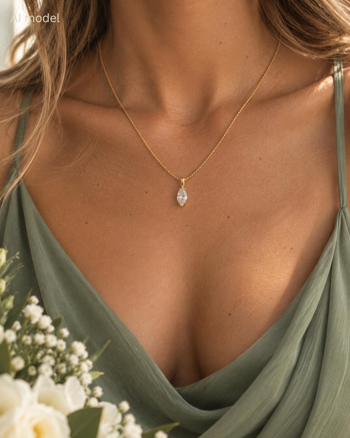 Matching Bridal Accessories Bridesmaid Necklace Set Gold Jewelry Gift Wedding Party Coordinated Trio Delicate Layered Minimalist Design Cubic Zirconia Pendant Charm Ball Chain Marquise Cut Stone Sparkle Perfect Proposal Gift Thank You