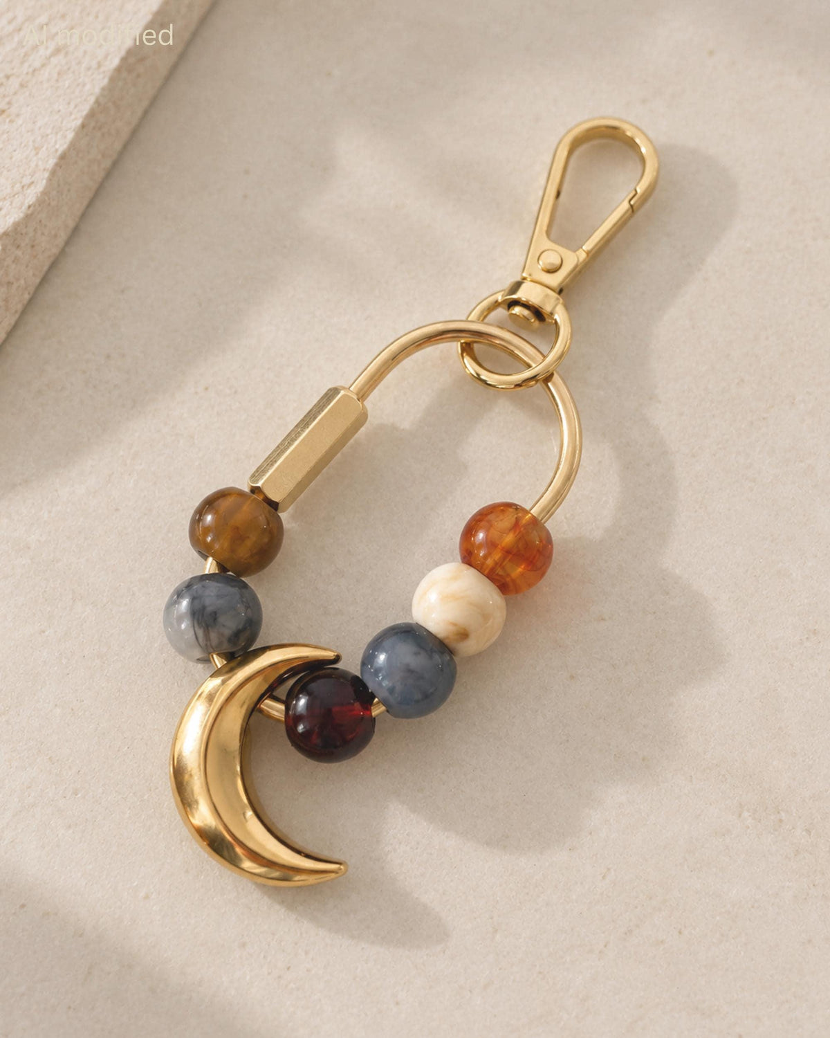 Celestial Moon Bag Charm Accessory Vintage Style Purse Jewelry Beaded Gemstone Dangle Gold Swivel Clasp Keychain Clip Natural Stone Collection Blue Agate Howlite Burgundy Beads Handbag Personalization Fashion Statement Gift For Her Boho
