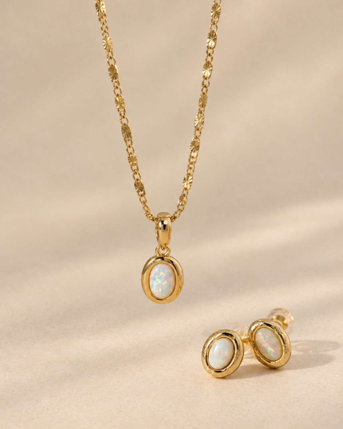 Opal Jewelry Set Gold Filled Necklace Earring Matching Collection October Birthstone Gift Girlfriend Birthday Present Woman Anniversary Jewelry White Gemstone Pendant Stud Earring Combination Elegant Feminine Style Romantic Gift Her Special