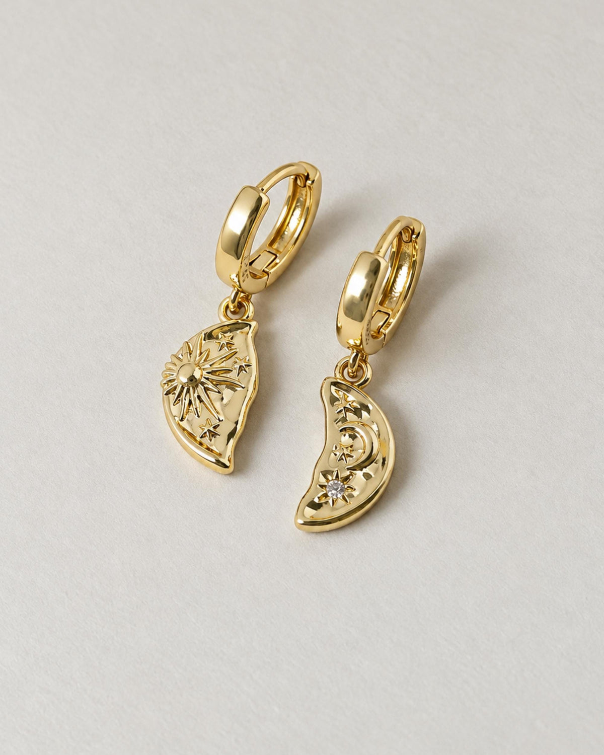 Celestial Jewelry Gift Women Gold Huggie Hoop Earrings Crescent Moon Charm Dangle Pendant Sun Star Design Lightweight Everyday Wear Minimalist Boho Fashion Dainty Gold Hoops Small Delicate Style Cosmic Theme Perfect Birthday Present