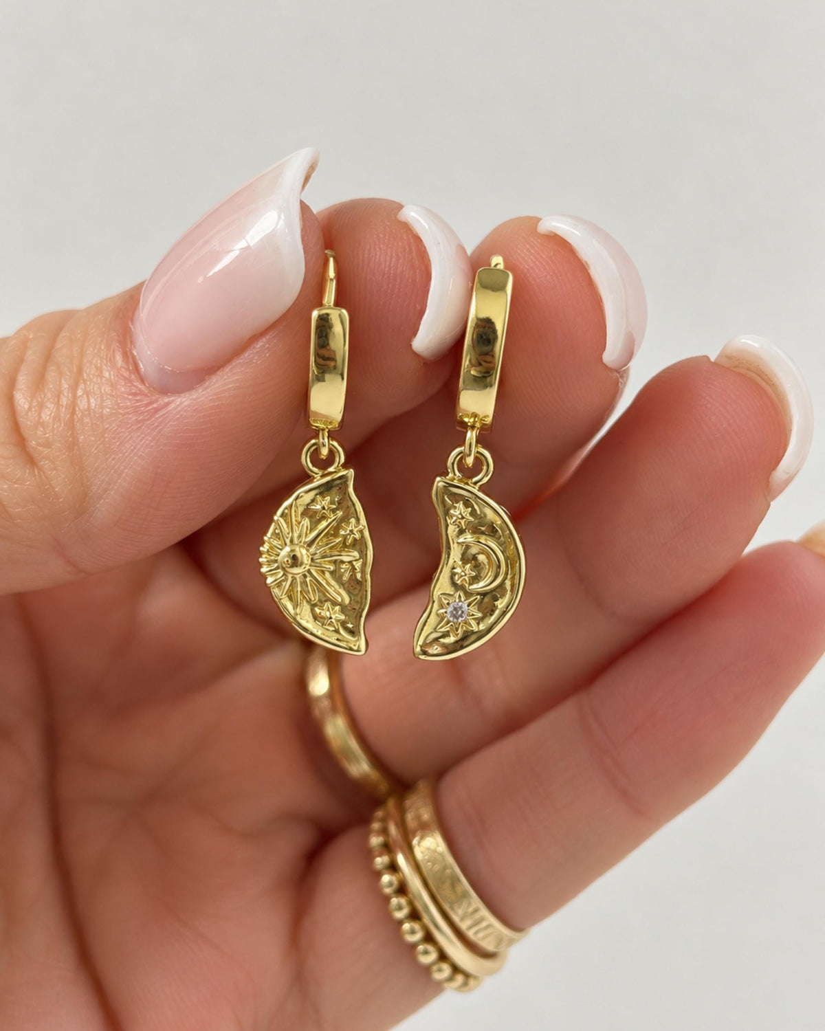Minimalist Boho Fashion Earrings Gold Huggie Hoop Dangle Crescent Moon Charm Pendant Celestial Sun Star Design Lightweight Dainty Jewelry Women Everyday Wear Small Delicate Style Cosmic Theme Perfect Gift Gold Hoops Moon Phase Details