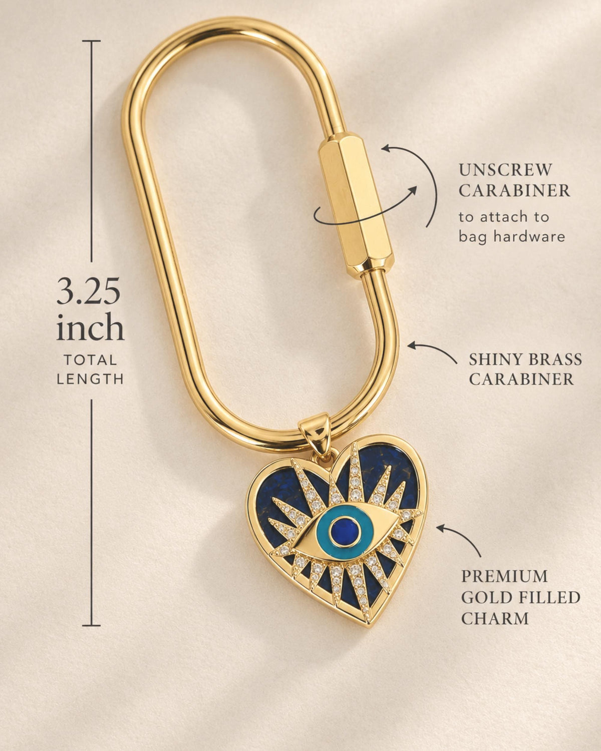 Evil Eye Charm Bag Accessory Blue Lapis Lazuli Jewelry Heart Shaped Keychain Carabiner Clip Gold Filled Pendant Protection Symbol Handbag