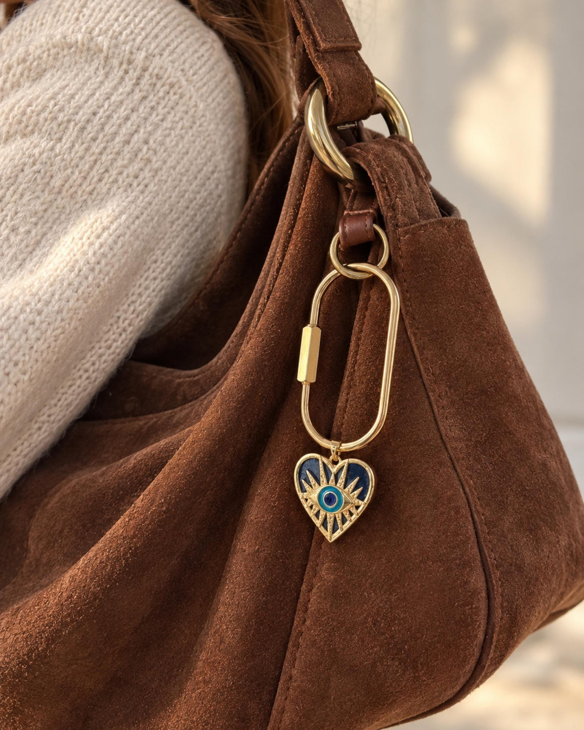 Evil Eye Heart Charm Bag Accessory Blue Lapis Lazuli Gemstone Protection Symbol Spiritual Talisman Gold Filled Pendant Carabiner Clip Handbag Attachment Trendy Fashion Jewelry Designer Look Style Perfect Birthday Gift Good Luck Charm Purse