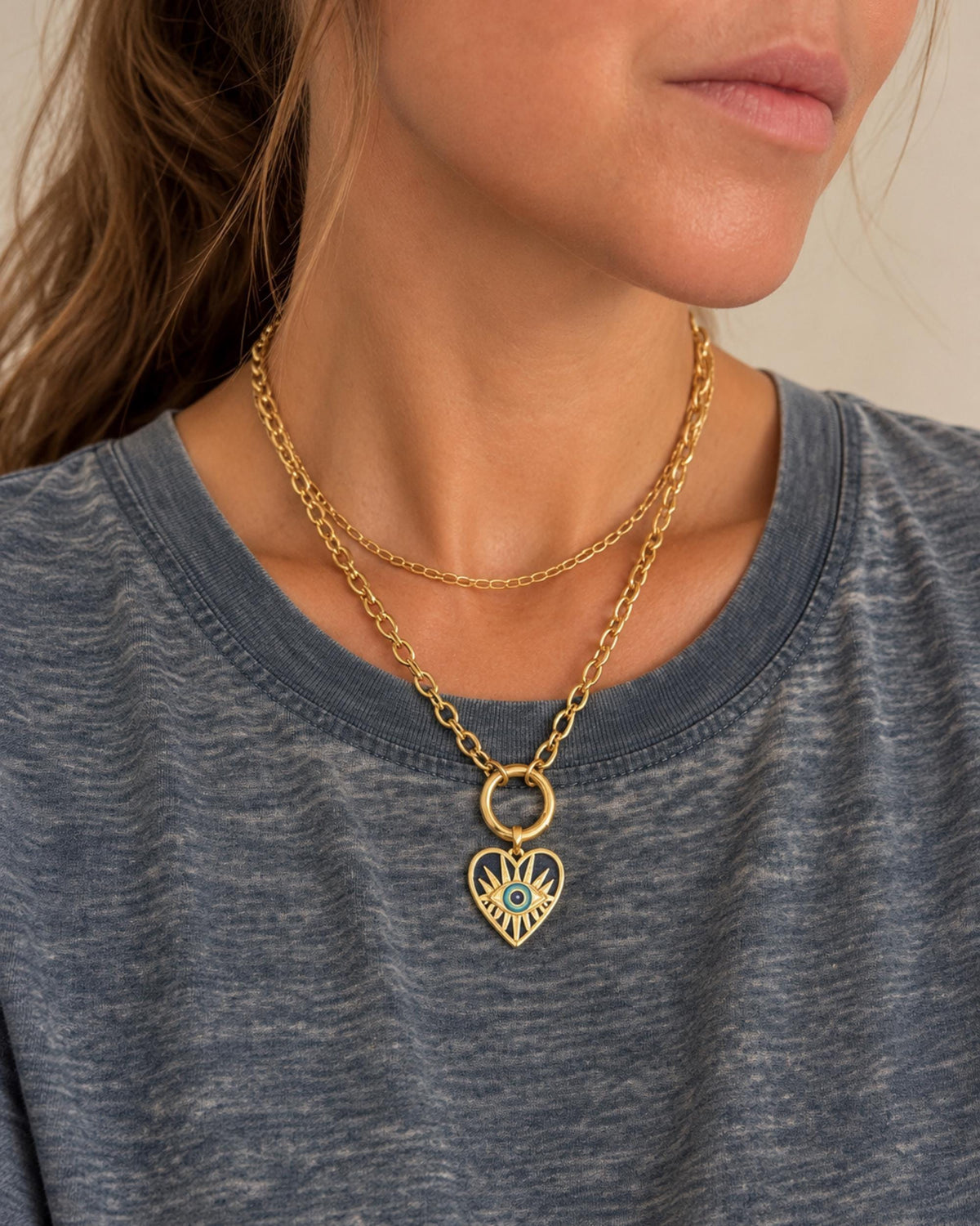 Gold Filled Evil Eye Necklace Heart Pendant Statement Jewelry Blue Lapis Lazuli Gemstone Protection Charm Women Spiritual Talisman Gift Lucky Symbol Amulet Layering Chain Fashion Accessory Birthday Present Daily Wear Necklace Bohemian Style