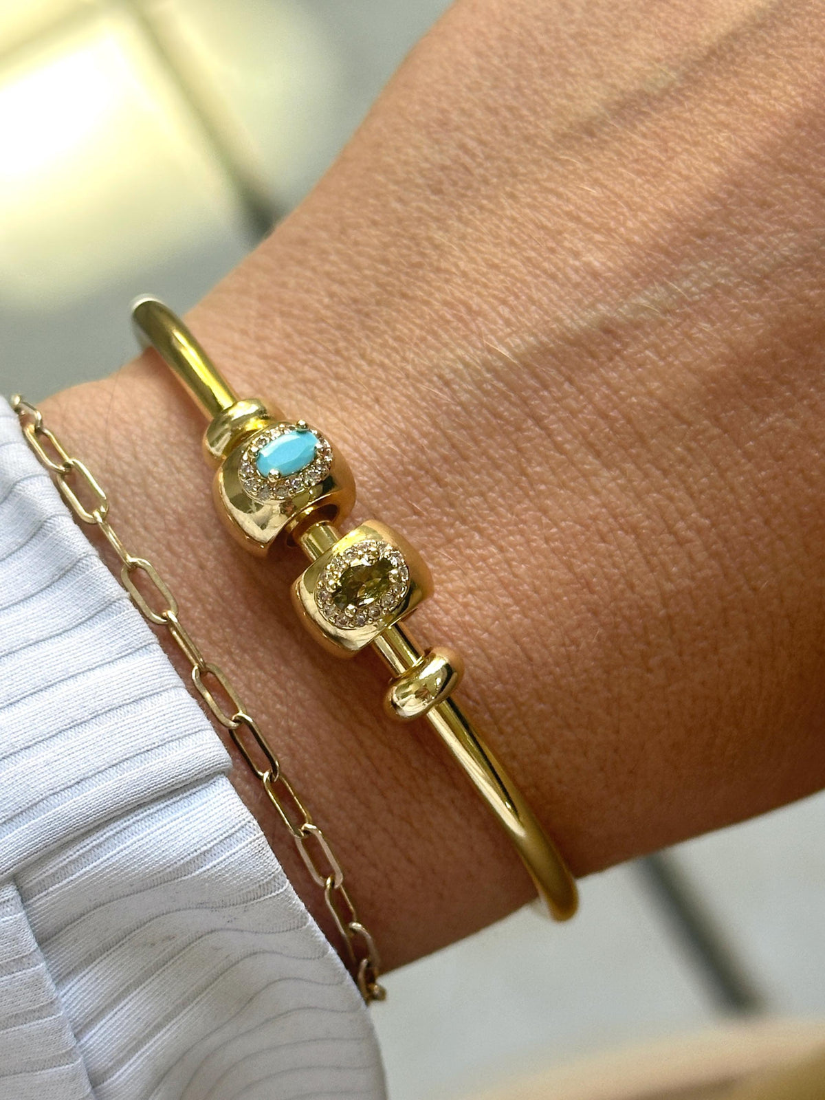 Gold Plated Birthstone Bracelet Adjustable Cuff Bangle Charm Slider Bead Personalized Jewelry Design Custom Mom Bracelet Women Family Set Minimalist Thin Band Dainty Everyday Accessory Perfect Gift Three Birthstones Gemstone Collection Anti