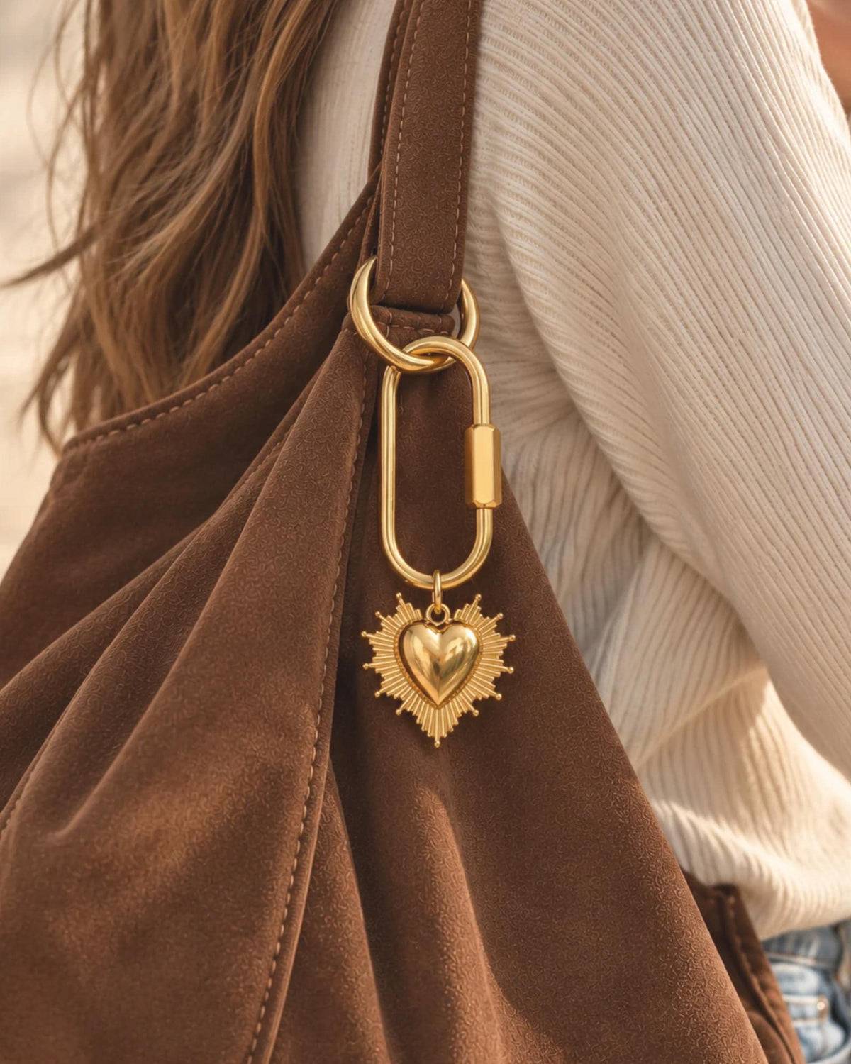 Sunburst Heart Bag Charm Gold Boho Purse Accessory Vintage Style Cool Girl Gift