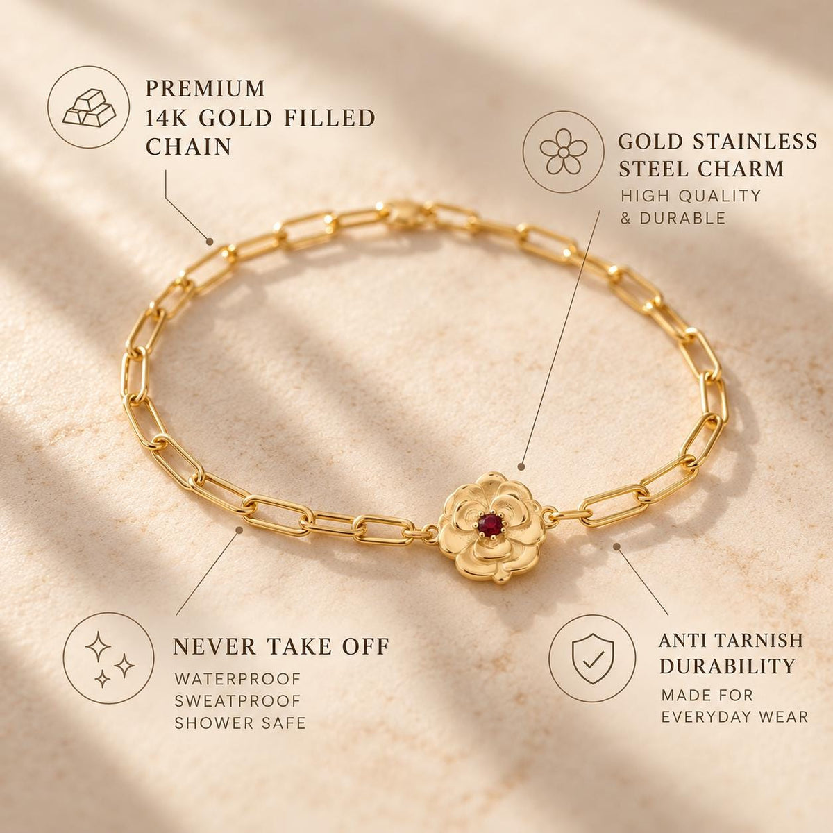 Birth Flower Bracelet – Waterproof Gold Filled Birthstone Jewelry