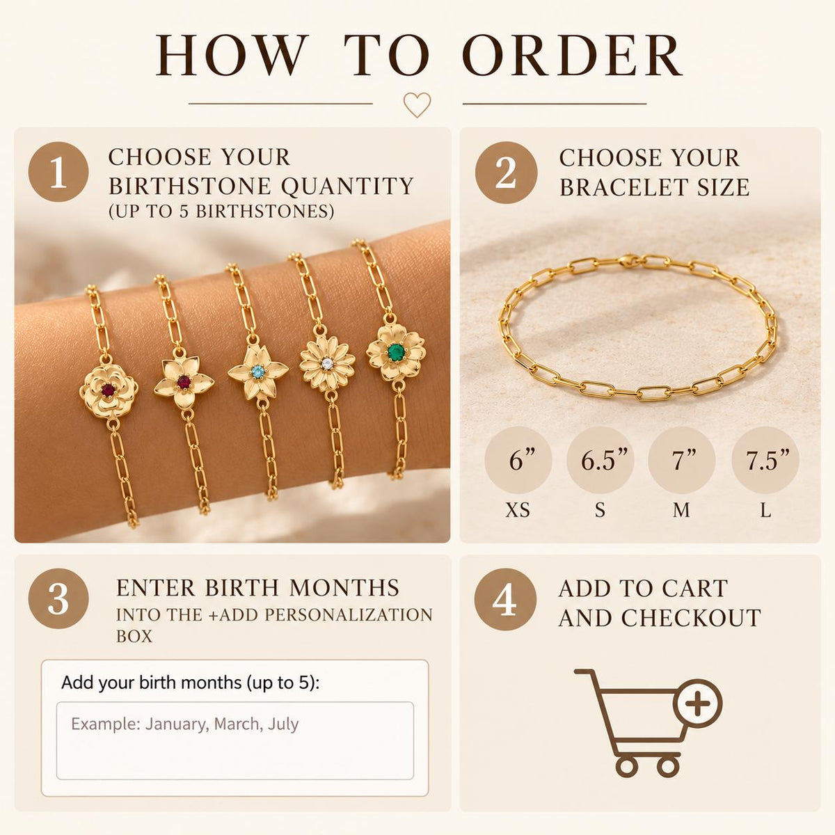 Birth Flower Bracelet – Waterproof Gold Filled Birthstone Jewelry