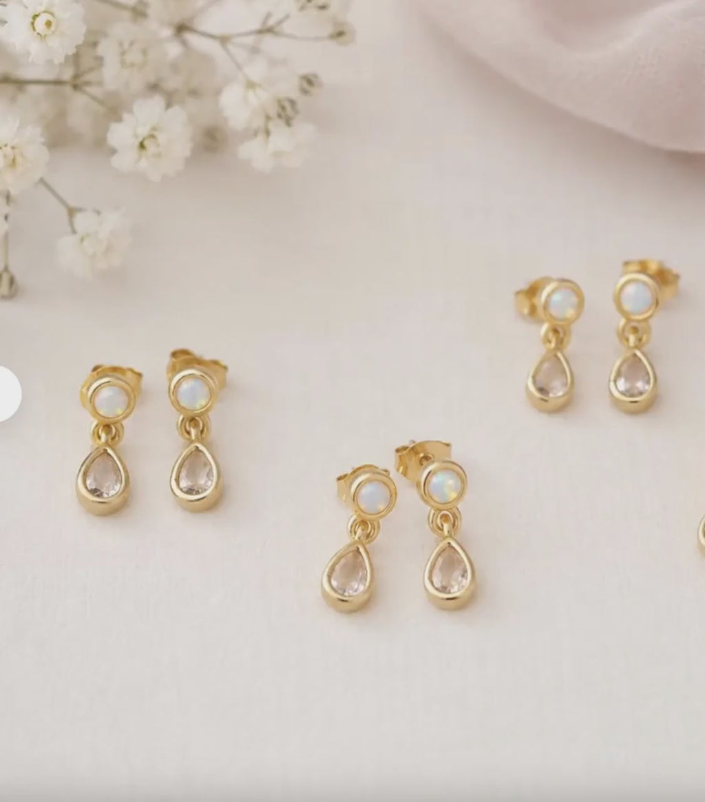 Opal Dangle Earring Gold Teardrop Crystal Drop October Birthstone Bridal Jewelry Wedding Gift Bridesmaid Accessory Meaningful Gemstone Stud