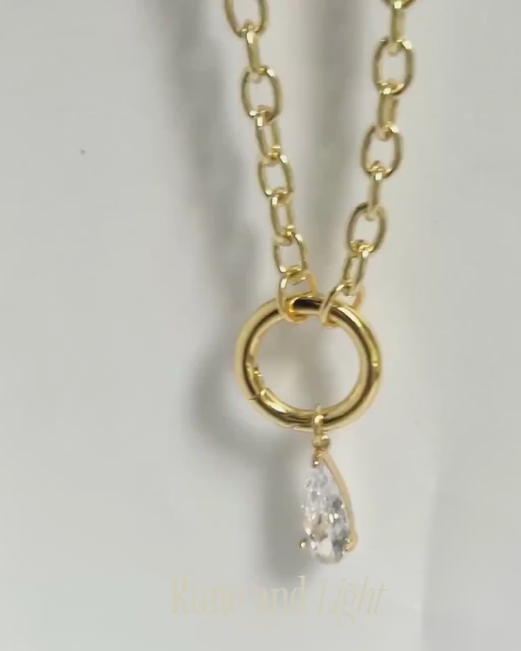 Gold Crystal Teardrop Pendant Necklace Charm Holder Statement Jewelry Wedding Accessory Layering Piece Chunky Link Style
