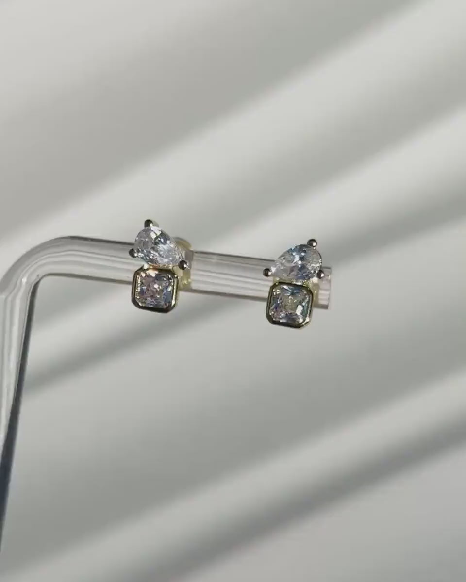 Bridesmaid Gift Earrings Gold CZ Stud Set Bridal Party Jewelry Accessory Wedding Day Elegant Design Teardrop - Includes Pouch
