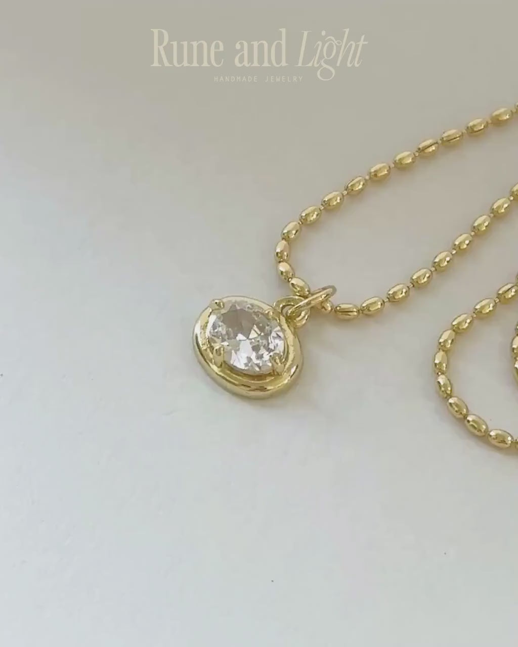 Gold Filled Oval Crystal Charm Necklace: Adjustable Ball Chain, Minimalist Layering Piece