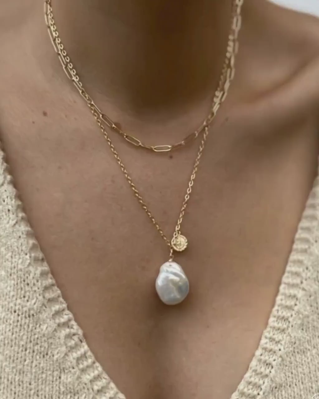 Gold Filled Baroque pearl coin necklace gold large freshwater pearl 14k non tarnish water proof summer necklace