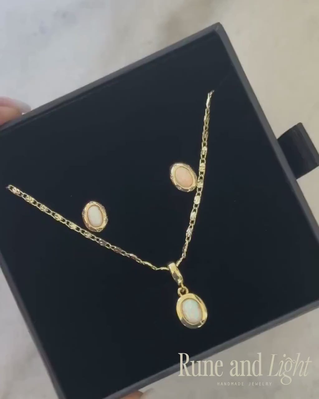 Opal Jewelry Set Gold Filled Necklace Earring October Birthstone Gift Girlfriend Birthday Present Woman Anniversary White Gemstone Pendant